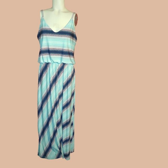 Maurices Maxi Dress Size M Medium Strips Teal Navy Blue - Picture 1 of 5